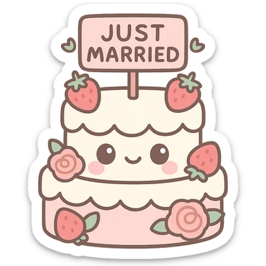 white wedding cake with strawberries, pink roses, 'Just Married' topper, kawaii style sticker
