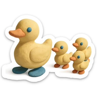 mother duck with ducklings following her, playful and cute, pastel colors, visible fingerprints, claymation style sticker
