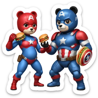 Pregnant captain America eating a hamburger while fighting a half panda half robot  sticker