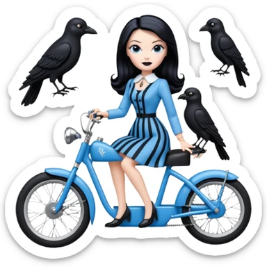 1920s coal hair hotrod Silkstone Marie Antoinette Morticia Addams Barbie Wednesday Addams from academy in a blue and black vertically-striped classic dress. riding hot rod electric bikes with crows sticker