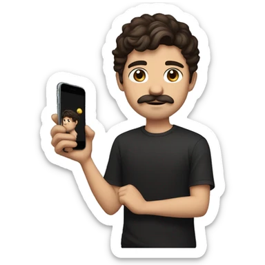 young man with medium size dark brown hair to front, iphone in hands, black oversized t shirt, little mustache and little beard sticker