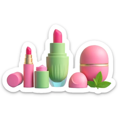 collection of beauty products including perfume, lipstick, blush, and matcha cup with pink accents sticker