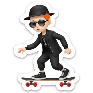 ["Ai sad boy wnith pale sgkin, bald , wearing aa sunhat a nd sunglascses, dresased in gomh fashien, is skrateboardiang while h.olding a f"lower bou]quet."] sticker