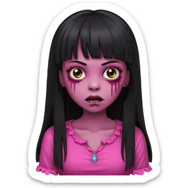 light-skinned Black zombie girl with long black hair and bangs, in a dark pink blouse sticker