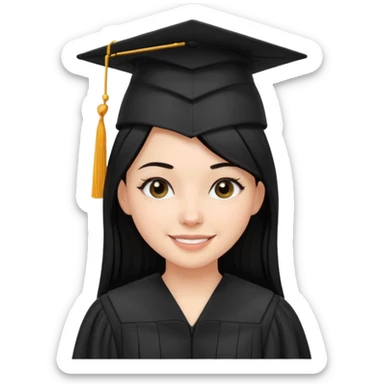 white girl with straight black hair, wearing a black graduation cap and gown, smiling sticker