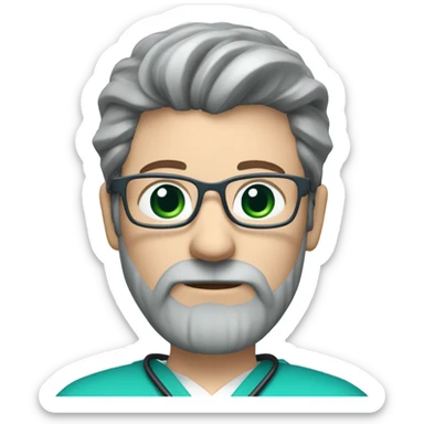 male dark blond with grey beard doctor with blue-green eyes and wire glasses in teal scrubs holding a paintbrush sticker
