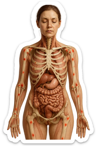 corpo umano anatomico di una donna affetta da fibromialgia, intestino anatomico realistico e red spot sparsi sulle sue ossa, iperrealistica 4k sticker