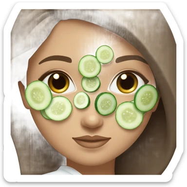White girl with Brown hair and blue eyes wears a Green colored skincare clay textured mask and puts on cucumbers around her eyes while She relaxes in her white Robe sticker