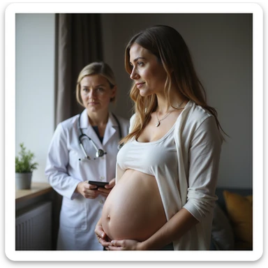 realistic pregnant woman in 4K consulting doctor or nutritionist listening to advice about avoiding raw salmon to protect baby sticker