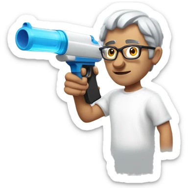 Turkish man with grey hair and protective glasses and white t-shirt aiming a water gun with one hand while standing sideways sticker