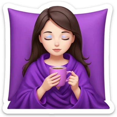 girl brunette inside a violet blanket sipping coffee from pink mug eyes closed sticker