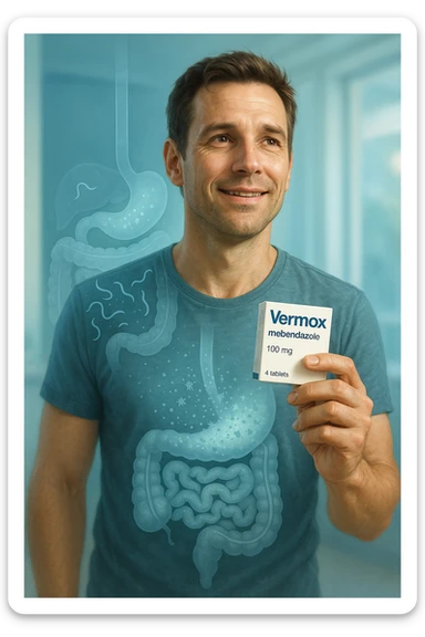 A realistic, cinematic illustration of a man in his late 30s holding a small white box of ‘Vermox’ (mebendazole) in one hand, with a relieved and hopeful expression on his face. Behind him, a semi-transparent overlay shows his digestive tract where small, symbolic worm-like parasites are dissolving and disappearing, indicating the medication’s effect. The environment is clean and bright, with a medical yet hopeful tone, conveying the concept of effective parasite removal. Subtle blue and green tones symbolize cleansing and health restoration, while the man appears energized and ready to reclaim his well-being sticker