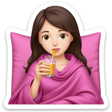 Brunette girl in pink blanket drinking celisus  sticker