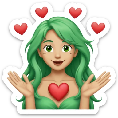 Tan long green hair  blowing kisses and making a heart symbol with hands sticker