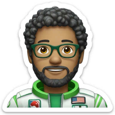 Light skin Man with black short curly hear and beard and black glasses wearing a green and white astronaut suit sticker