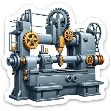 An icon featuring a giant machine tool in a factory, manufacturing machines. The design includes gears, mechanical parts, and a production line, representing the art of mechanical engineering and industrial design. Transparent background highlights precision engineering and manufacturing processes. sticker