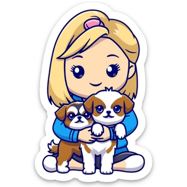 White blond girl with long hair and blue eyes holding a small female shih tzu dog sticker