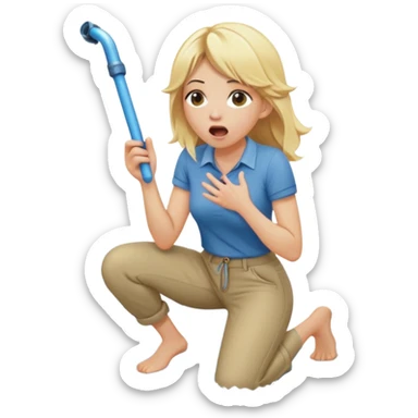 cartoonish blond woman kneeling with surprised expression, a wide cartoonish stick with a D-shaped knob coming out of a pair of pants hanging in front of her face, water stream squirting from the flat side of the knob into her open mouth sticker