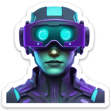 Secret humanoid agent in a futuristic hat with in Apple VR goggles headset code display on the goggles , cyberpunk, cyan and purple colors, only upper body portrait, front facing the camera  sticker