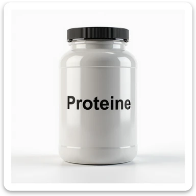 hyperrealistic jar of supplement with a clearly visible label reading 'Proteine', isolated white background, 4K details, neutral lighting sticker