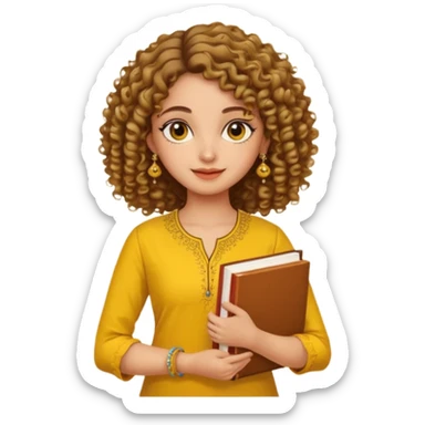 a pretty bratz girl with curly hair wearing a yellow kurti, eyeliner, jhumkas, carrying books sticker