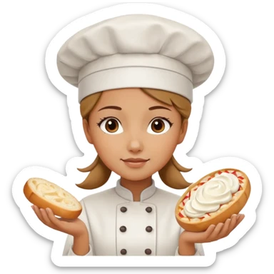 Young female baker - white chef hat, framing white cream pattern on bread sticker