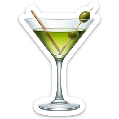 martini glass with absolutely clear water-like liquid, no color tint whatsoever, completely transparent, with a single green olive at the bottom on a wooden toothpick sticker