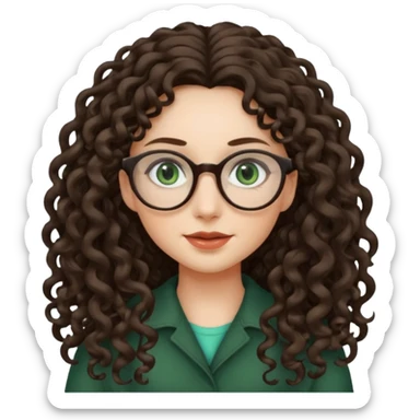 rapariga, olhos verdes escuros, rosto oval, cabelos muito compridos aos caracóis, com óculos sticker