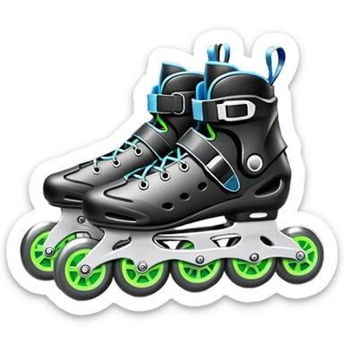 An icon showing a close-up of inline rollerblades resting on smooth asphalt in a park. The background features trees, grass, and a clear sky, with the vibrant green landscape creating a serene outdoor vibe. The skates' wheels are highlighted against the pavement. Transparent background  sticker