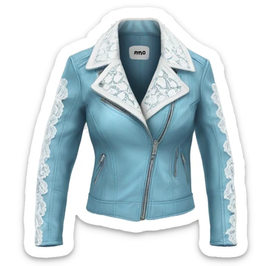 Realistic isolated open womens sky blue leather jacket with white lace. sticker