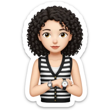 Chica joven con cabello rizado y oscuro, piel clara, vestida con un chaleco tejido blanco con rayas negras y una camiseta blanca debajo. Lleva un reloj plateado  sticker