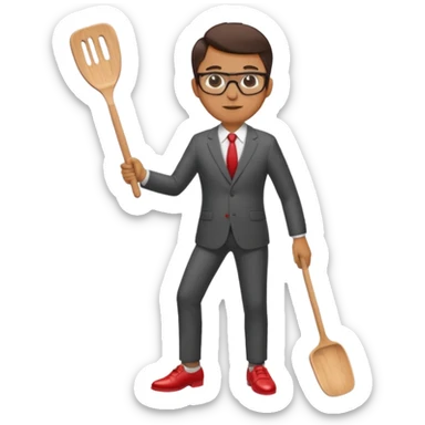 man with glasses wearing a suit and red shoes holding a spatula sticker