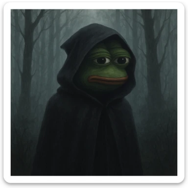 Пэпэ with a dark cloak and a mysterious aura, standing in a foggy forest sticker