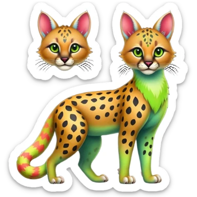 Colorful cute adorable tropical exotic fruity kiwi-green lemony rosy neon-red Caracal-Cheetah-Civet-Trico-fusion-hybrid-animal-creature, full body, with tribal tattoos sticker