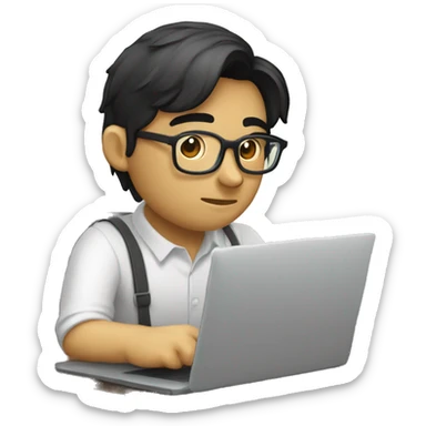 A nerdy, bespectacled developer, his short black hair neatly combed and a thin mustache adorning his upper lip, as he sits intently behind a large, sleek laptop. sticker
