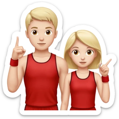 Girl and boy in red gym clothes who points out sticker
