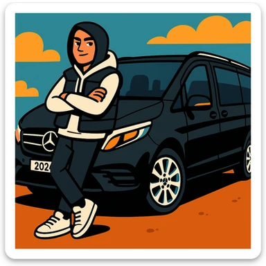 stylish male character in white sneakers, black pants, white hoodie, black vest, hood up, leaning on a black 2024 Mercedes-Benz V-Class Extra Long 300 d, vibrant toon style sticker