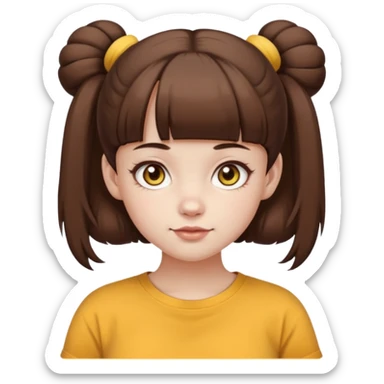 beautiful girl with brown hair with up twin buns style only, straight bangs, yellow eyes, milk brown tshirt, white skin, her body is a little fat  sticker