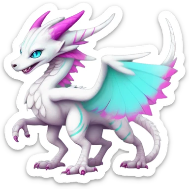 White elegant beautiful natural cute badass epic anthro modern albino Dutch Angel Dragon-vernid-Fakémon with cyan mane and magenta eyes with cyan edgy stripes, anthropomorphic, two-legged, digitigrade, full body sticker