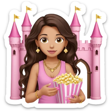 a woman with long dark brown  beachy wavy hair with light brown big eyes wearing pink vest top gold necklace baby pink nails and gold stud earrings with a pink castle fantasy in the background while eating popcorn  sticker