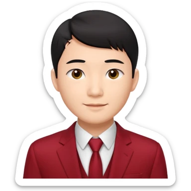 handsome Asian man emoji, short black hair with soft fringe, clean and elegant look, fair skin, gentle smile, wearing dark red suit and white shirt sticker