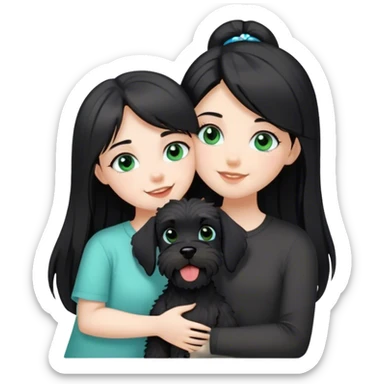 pale girl with light green blue eyes and long black hair wearing black shirt kissing schnauzer holding smiling black schnauzer  sticker