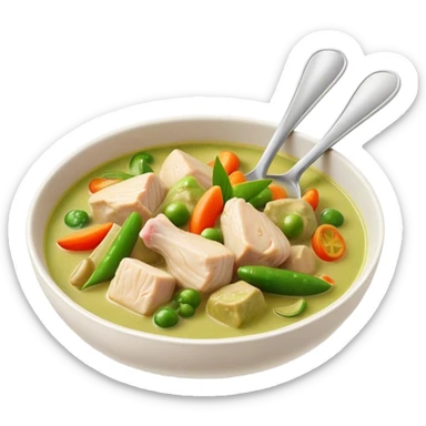 Green Chicken Curry Cinematic Realistic Green Chicken Curry Dish Emoji, depicted as tender chicken chunks simmered in a fragrant green curry sauce with vegetables, rendered with vivid textures and dynamic, vibrant lighting. sticker