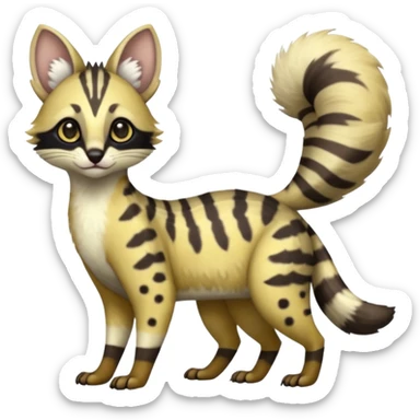 Cute elegant dotted spotted clouded hyper-realistic lifelike furry Civet-Genet-Possum-Serval-Caracal-Sergal-Trico-Numbat-Furret-fusion-Fakemon-hybrid-creature (full body) with long tufted ears and a striped tufted tail  sticker