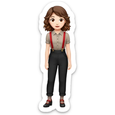 Woman with wavy brown hair and hazel eyes wearing black dress pants with red suspenders sticker