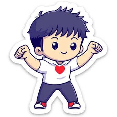Black-haired male idol with arms forming heart shape above head, arms curved in heart outline, K-pop style sticker