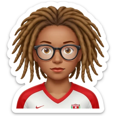 Rihanna freckles on nose and soccer woman dreadlocks Caribbean wearing a red and white jersey and cateye eyeglasses sticker