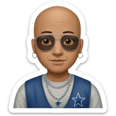 bald mexican cholo with square black sunglasses no facial hair with cheek dimples wearing a silver necklace with H on it and wearing cowboys jersey sticker