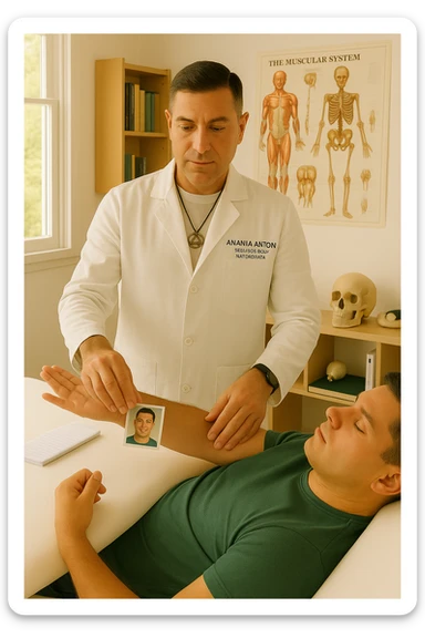 a middle-aged man, dressed in casual professional attire, is in a bright, organized therapy studio. Durante una visita di kinesiologia, il ragazzo tiene con una mano la foto di una persona lontana (il “testimone”) tiene la foto in mano, mentre con l’altra mano esegue un test muscolare su un cliente presente senza foto lui non tiene la foto. Sullo sfondo si vedono libri di kinesiologia, poster anatomici e strumenti tipici della disciplina. L’atmosfera è concentrata e serena, con luce naturale che entra dalla finestra, sottolineando l’aspetto alternativo e umano della pratica. sticker