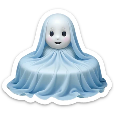 An adorable, peacefully floating sheet-like ghost in gentle pastel whites and blues, its soft, rounded form loosely draped, head resting with closed, serene sparkling eyes and a tiny, contented smile, simplified yet irresistibly charming, highly detailed, with a soft glowing outline that captures the essence of a sleepy, endearing spirit wrapped in cozy slumber! sticker